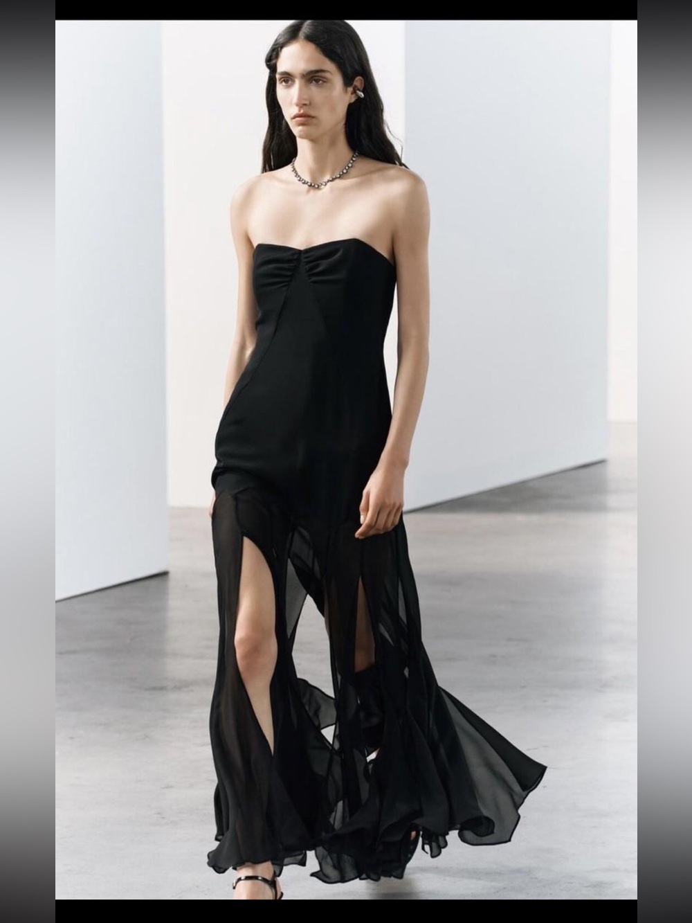 Zara Strapless Black Boned Bodice Sheer Maxi Dress NWT